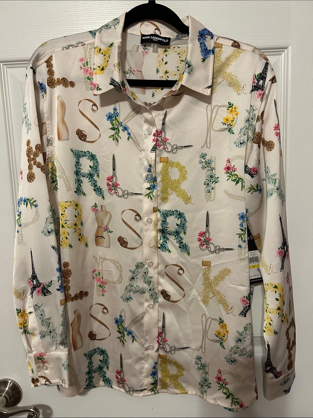 Karl Lagerfeld Floral Letter Print Silk-Feel Blouse - Cream